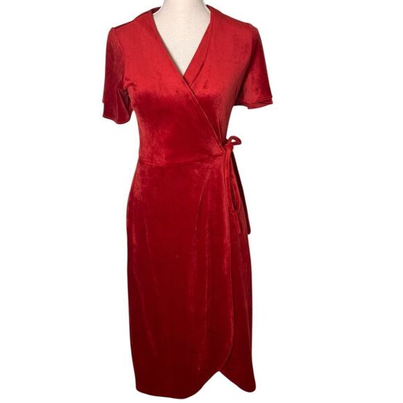 Marine Layer Viola Velour Wrap Dress - Red Dhalia XS - Picture 2 of 7